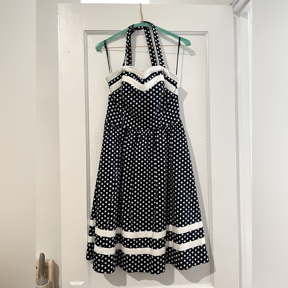 Navy blue polka dot halter A-Line dress. Mod Cloth size Medium (6)